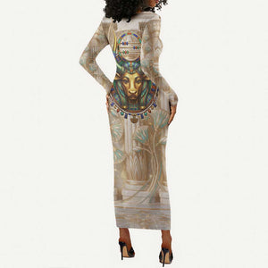 Hathor Long Sleeve Bodycon Dress with Sacred Cow Head Egyptian Fertility Symbolism