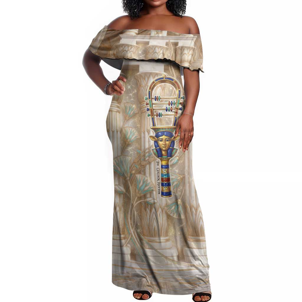Hathor Off Shoulder Maxi Dress with Sacred Cow Head Egyptian Fertility Symbolism