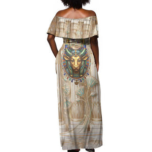 Hathor Off Shoulder Maxi Dress with Sacred Cow Head Egyptian Fertility Symbolism