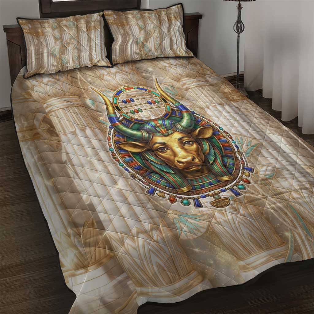 Hathor Quilt Bed Set with Sacred Cow Head Egyptian Fertility Symbolism