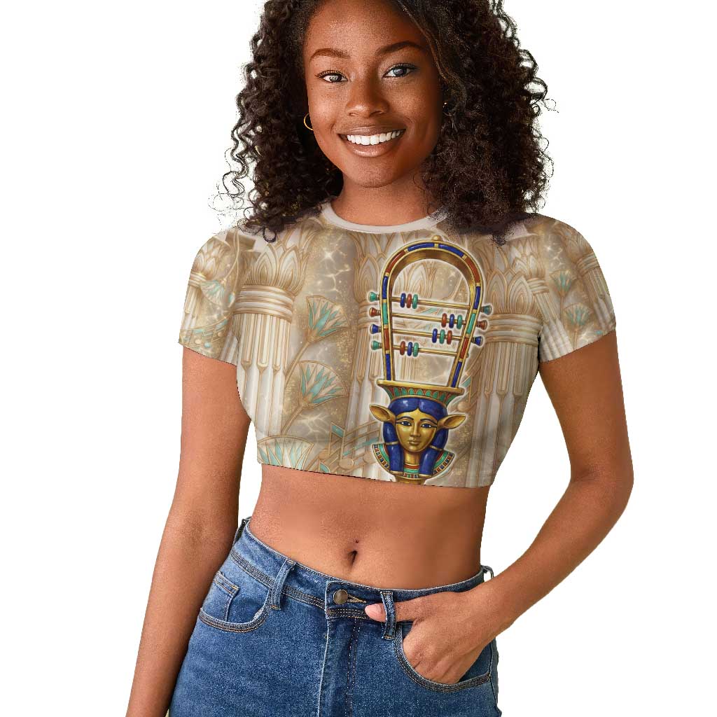 Hathor Raglan Cropped T shirt with Sacred Cow Head Egyptian Fertility Symbolism