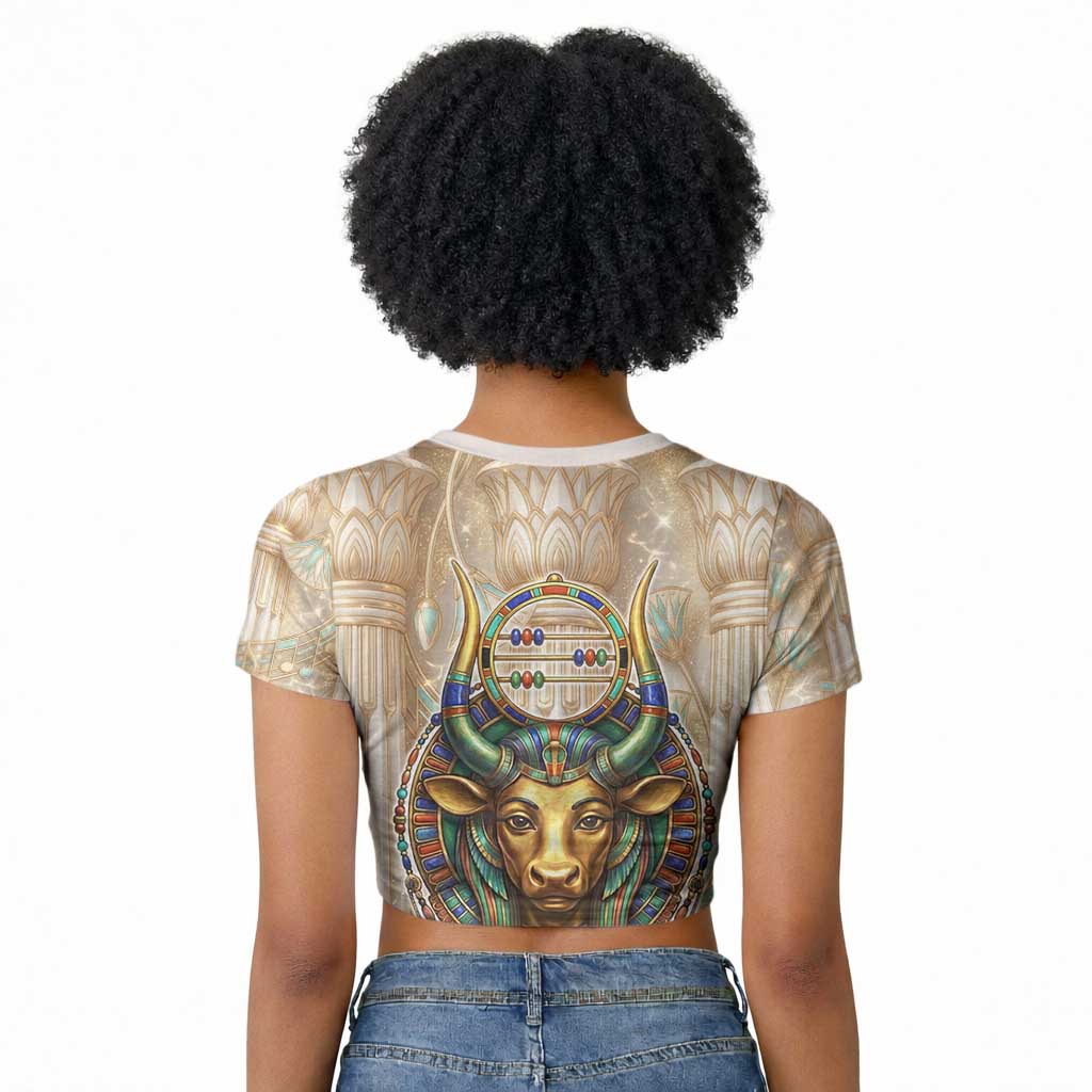 Hathor Raglan Cropped T shirt with Sacred Cow Head Egyptian Fertility Symbolism