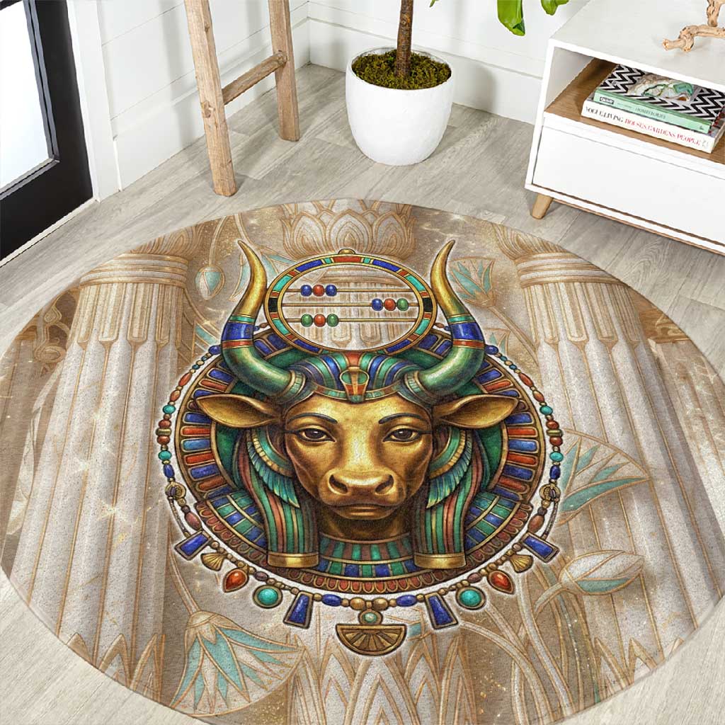 Hathor Round Carpet with Sacred Cow Head Egyptian Fertility Symbolism