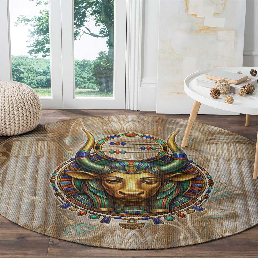 Hathor Round Carpet with Sacred Cow Head Egyptian Fertility Symbolism