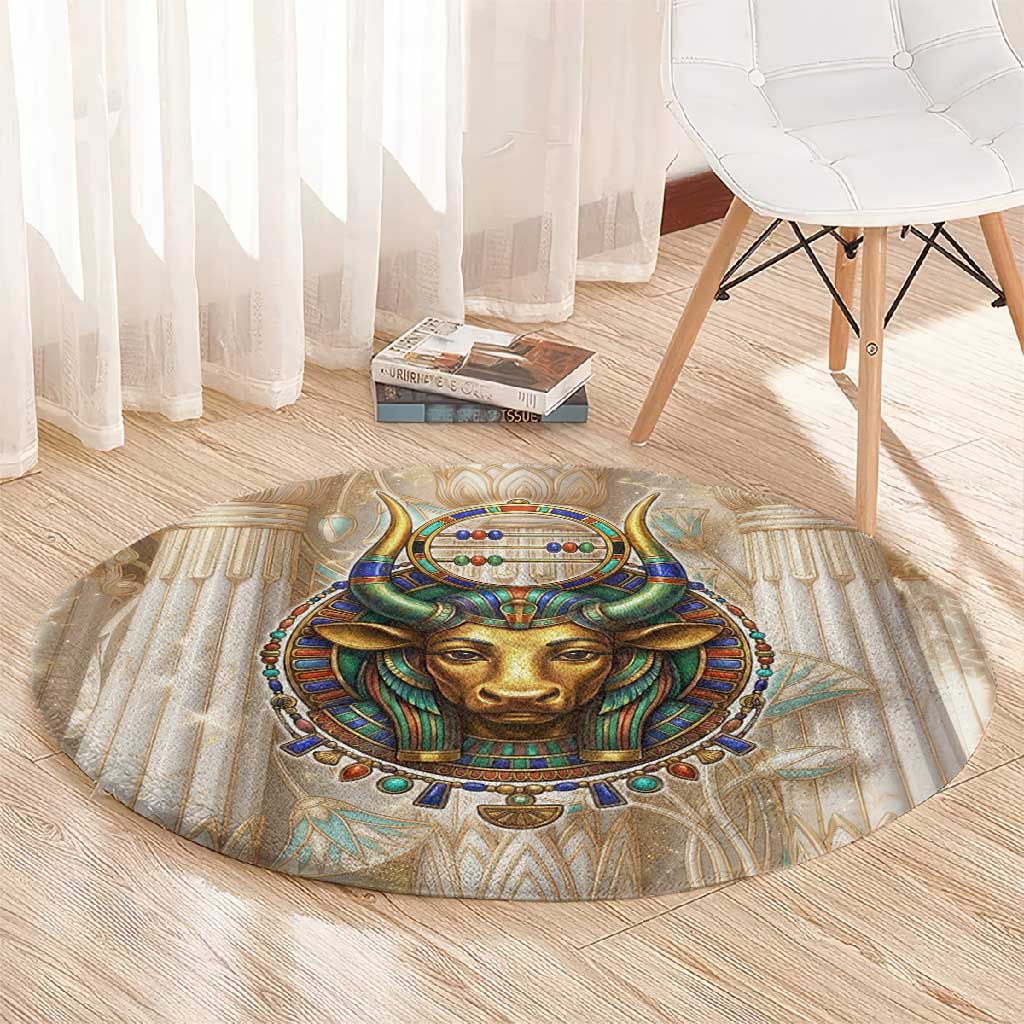 Hathor Round Carpet with Sacred Cow Head Egyptian Fertility Symbolism