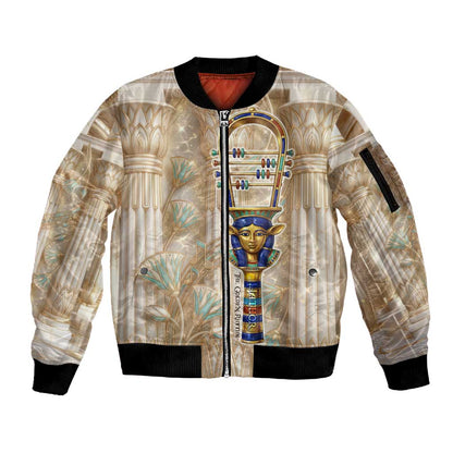 Hathor Sleeve Zip Bomber Jacket with Sacred Cow Head Egyptian Fertility Symbolism