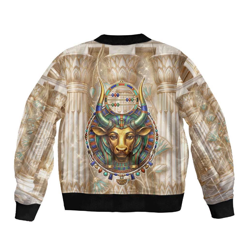 Hathor Sleeve Zip Bomber Jacket with Sacred Cow Head Egyptian Fertility Symbolism