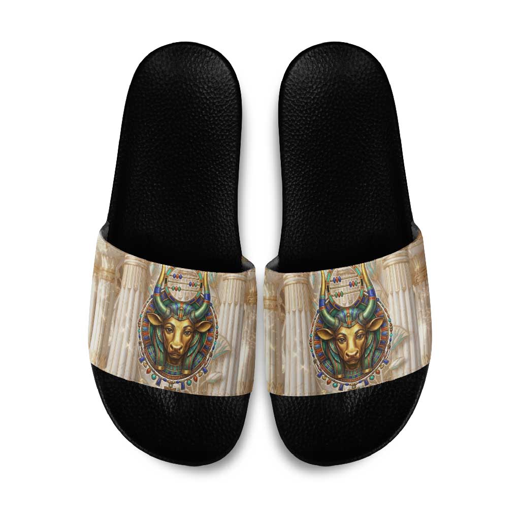 Hathor Slide Sandals with Sacred Cow Head Egyptian Fertility Symbolism
