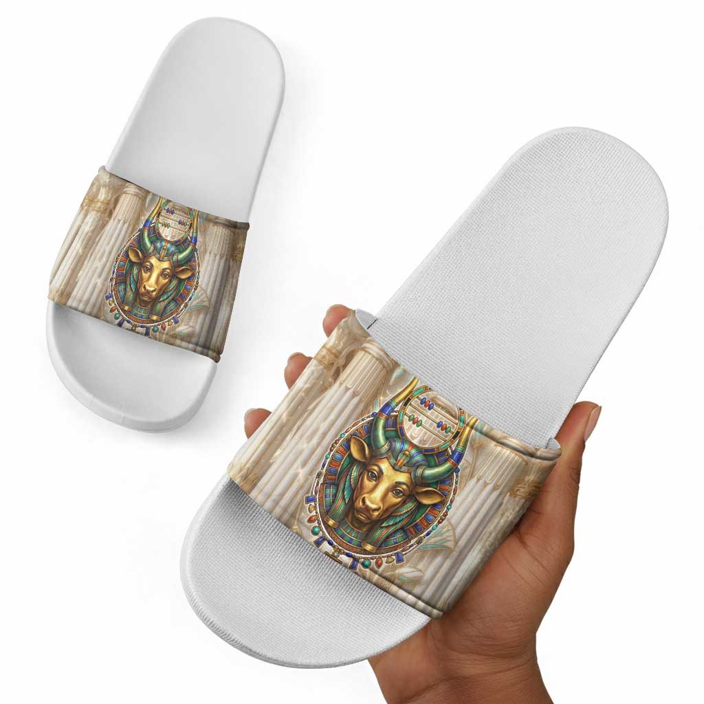 Hathor Slide Sandals with Sacred Cow Head Egyptian Fertility Symbolism