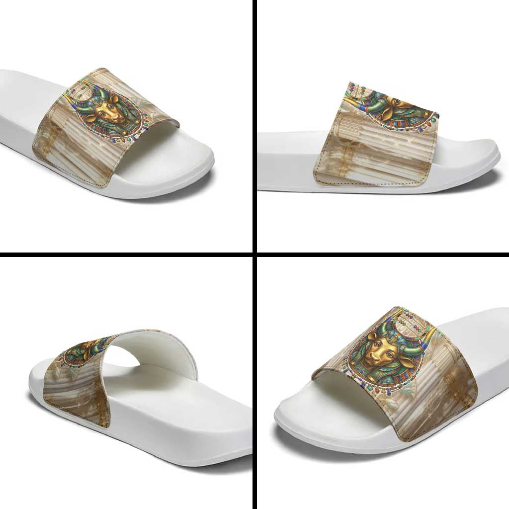 Hathor Slide Sandals with Sacred Cow Head Egyptian Fertility Symbolism