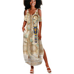 Hathor Summer Maxi Dress with Sacred Cow Head Egyptian Fertility Symbolism