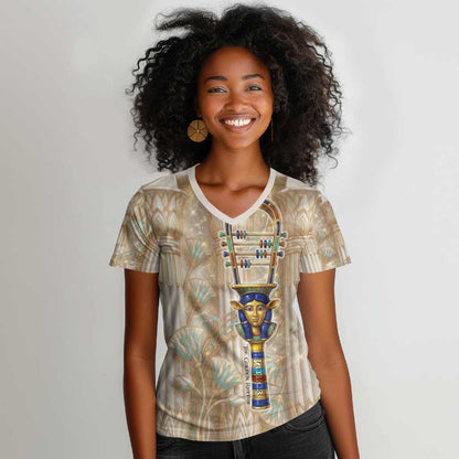 Hathor Women V-Neck T-Shirt with Sacred Cow Head Egyptian Fertility Symbolism