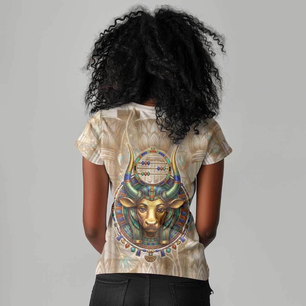 Hathor Women V-Neck T-Shirt with Sacred Cow Head Egyptian Fertility Symbolism