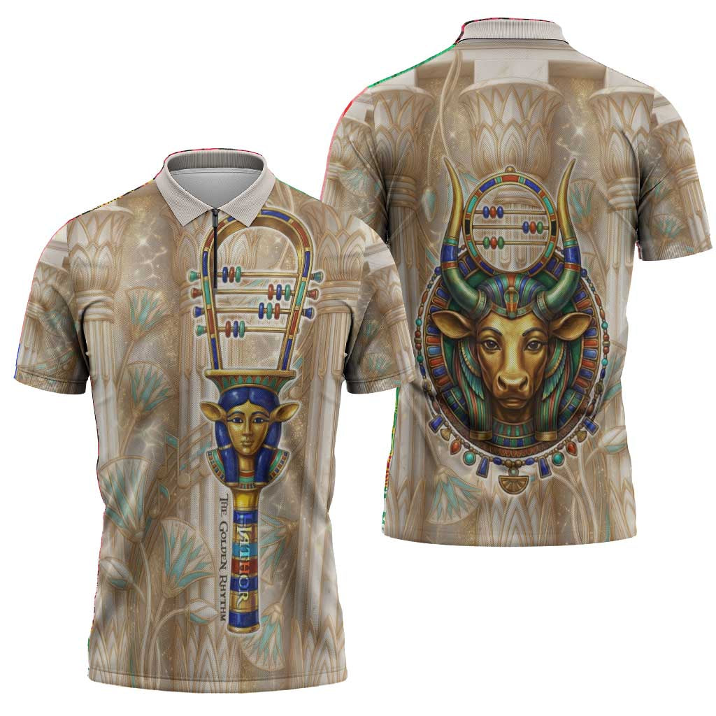 Hathor Zipper Polo Shirt with Sacred Cow Head Egyptian Fertility Symbolism