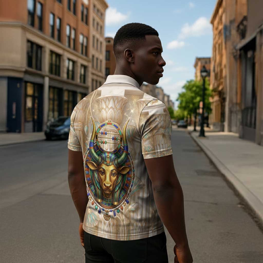 Hathor Zipper Polo Shirt with Sacred Cow Head Egyptian Fertility Symbolism