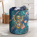 Hathor Golden Sacred Heart Egyptian Laundry Basket with Gemstone Pattern in Turquoise Theme