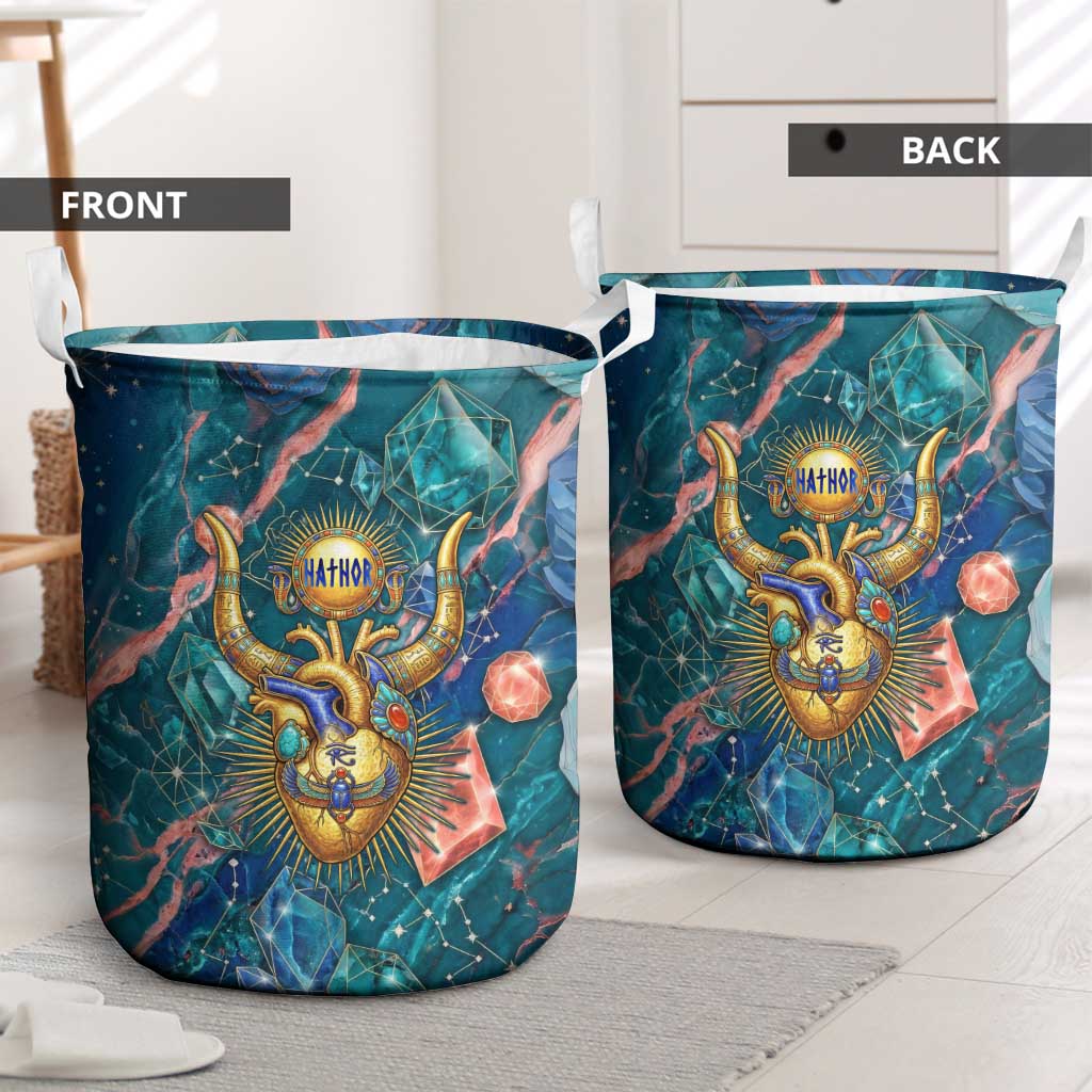 Hathor Golden Sacred Heart Egyptian Laundry Basket with Gemstone Pattern in Turquoise Theme