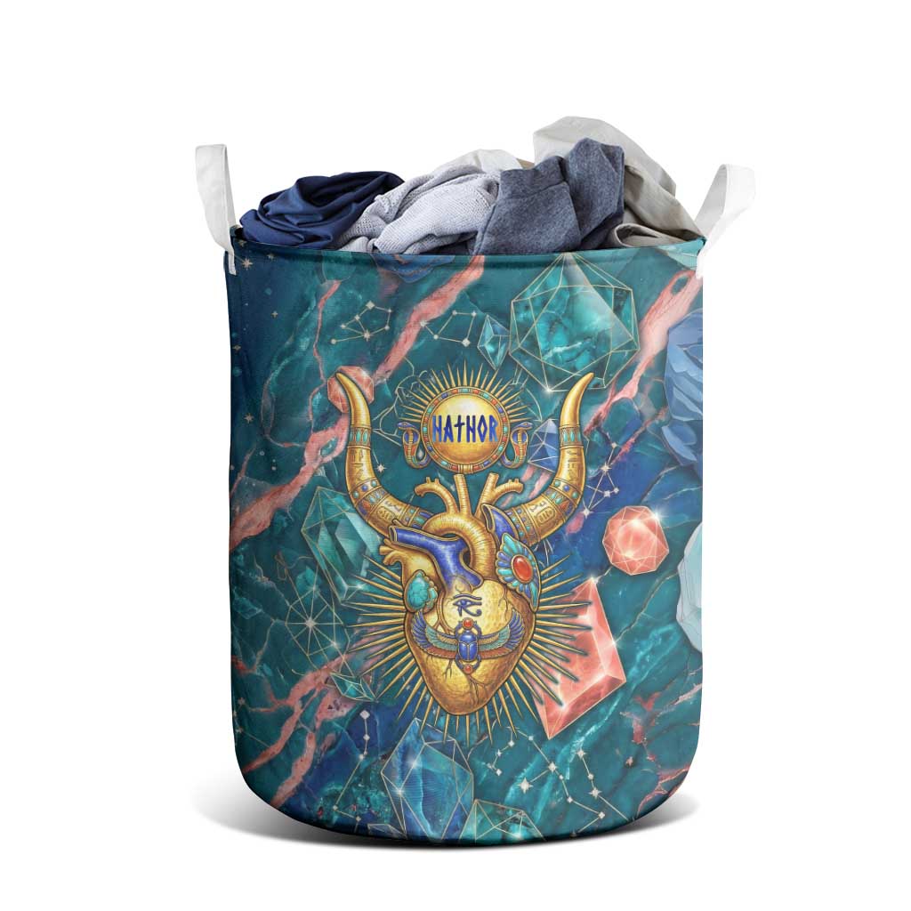 Hathor Golden Sacred Heart Egyptian Laundry Basket with Gemstone Pattern in Turquoise Theme