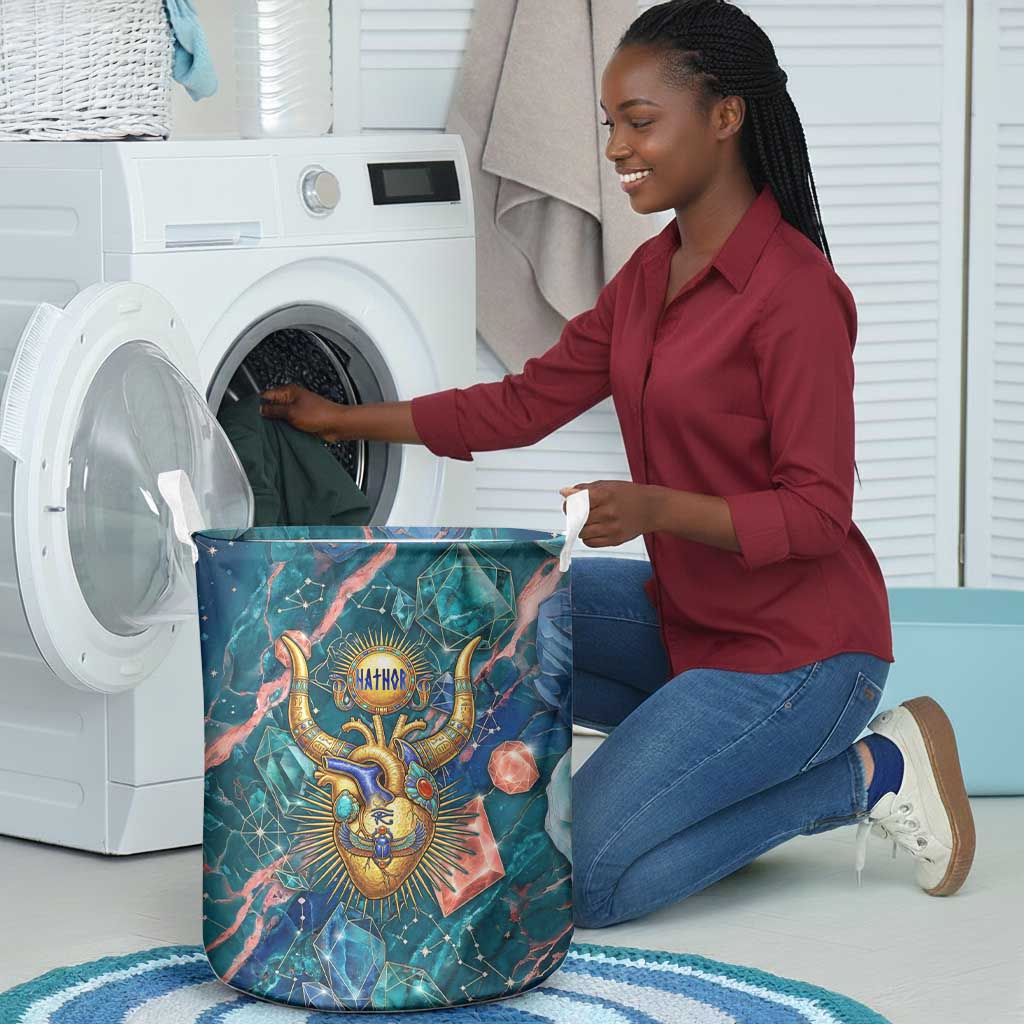 Hathor Golden Sacred Heart Egyptian Laundry Basket with Gemstone Pattern in Turquoise Theme