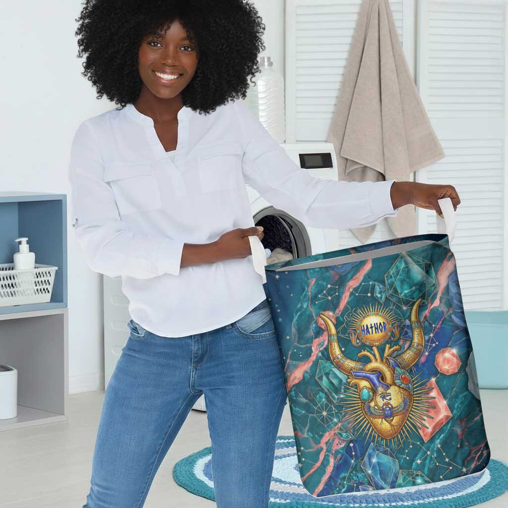 Hathor Golden Sacred Heart Egyptian Laundry Basket with Gemstone Pattern in Turquoise Theme