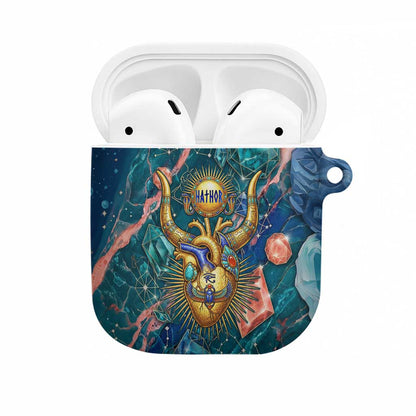 Hathor Golden Sacred Heart Egyptian AirPods Case with Gemstone Pattern in Turquoise Theme
