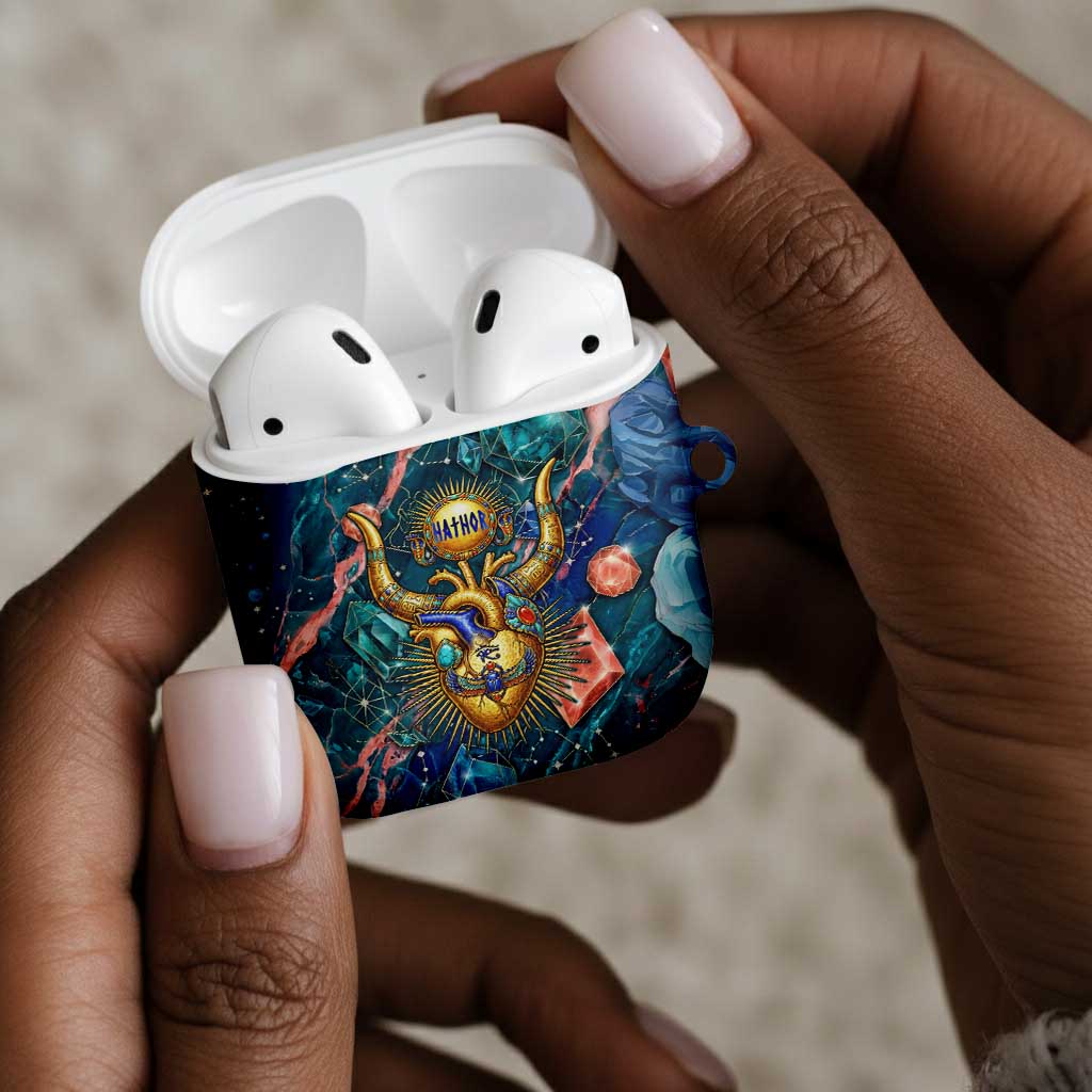 Hathor Golden Sacred Heart Egyptian AirPods Case with Gemstone Pattern in Turquoise Theme