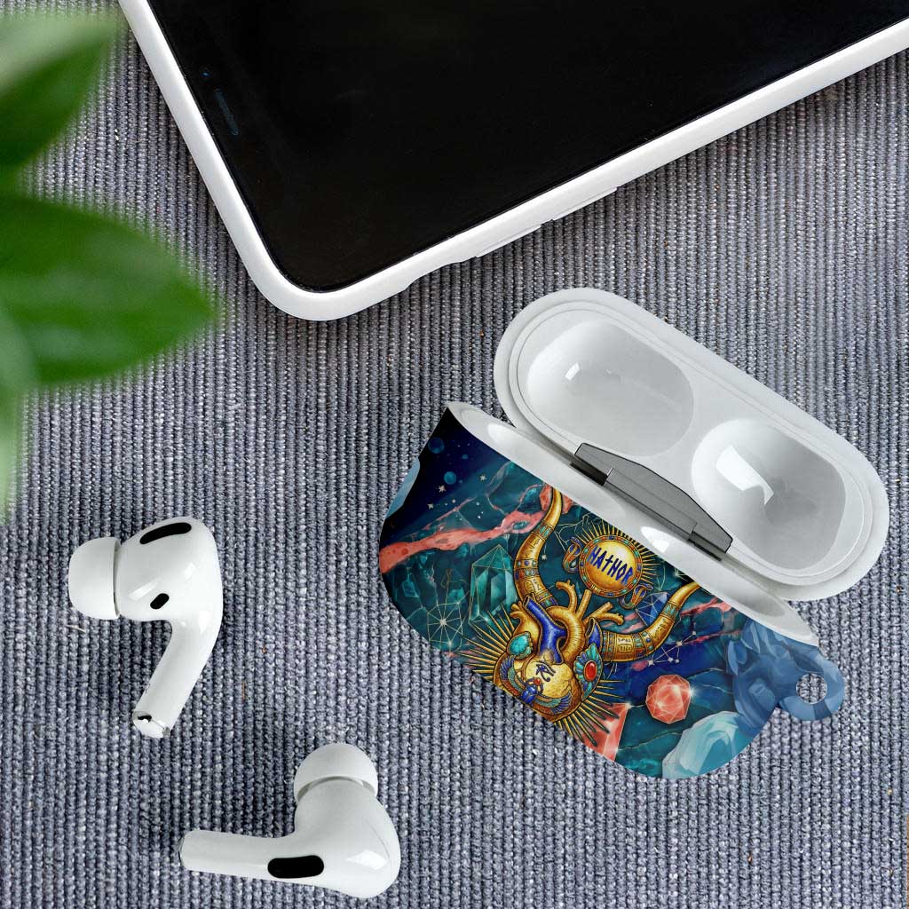 Hathor Golden Sacred Heart Egyptian AirPods Case with Gemstone Pattern in Turquoise Theme