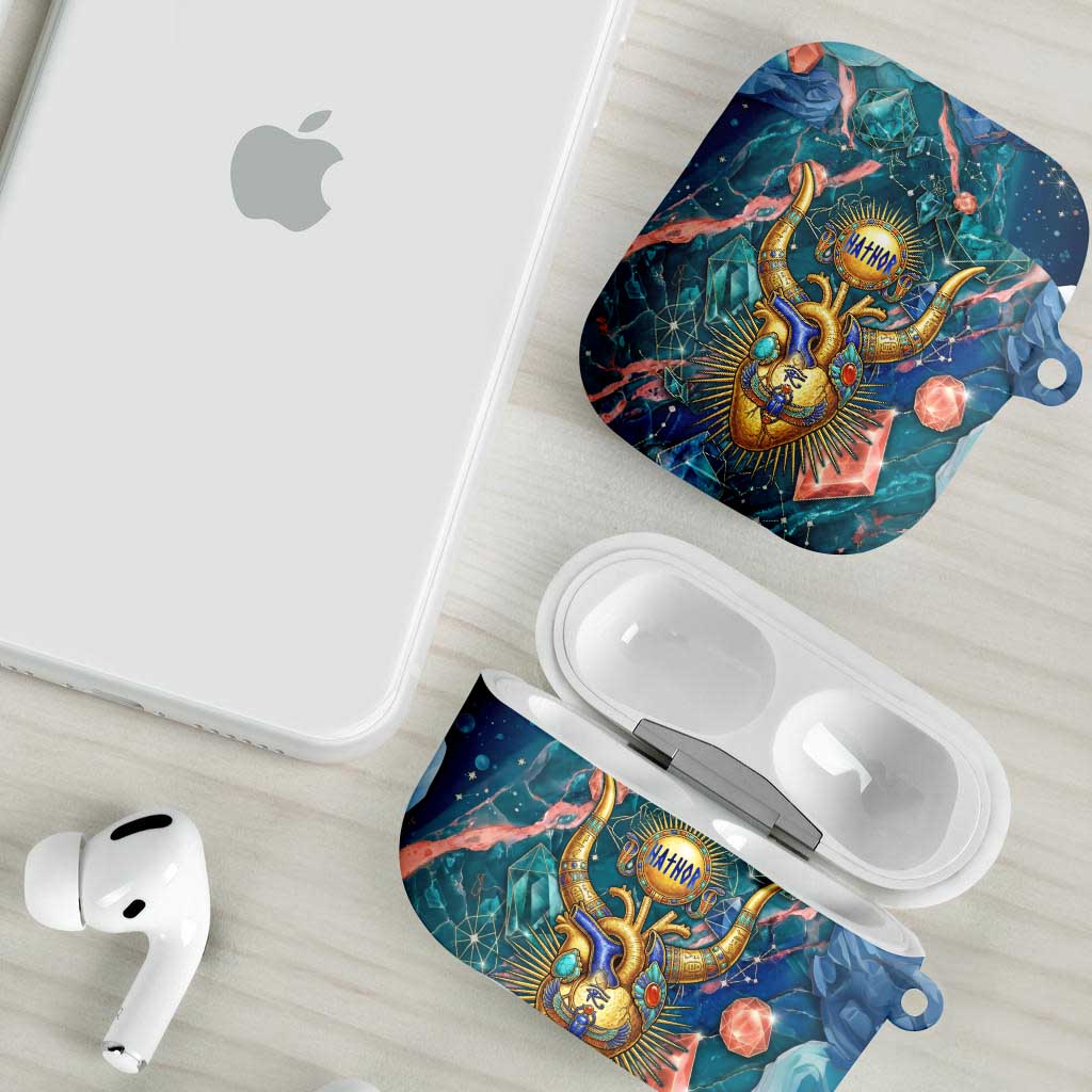 Hathor Golden Sacred Heart Egyptian AirPods Case with Gemstone Pattern in Turquoise Theme