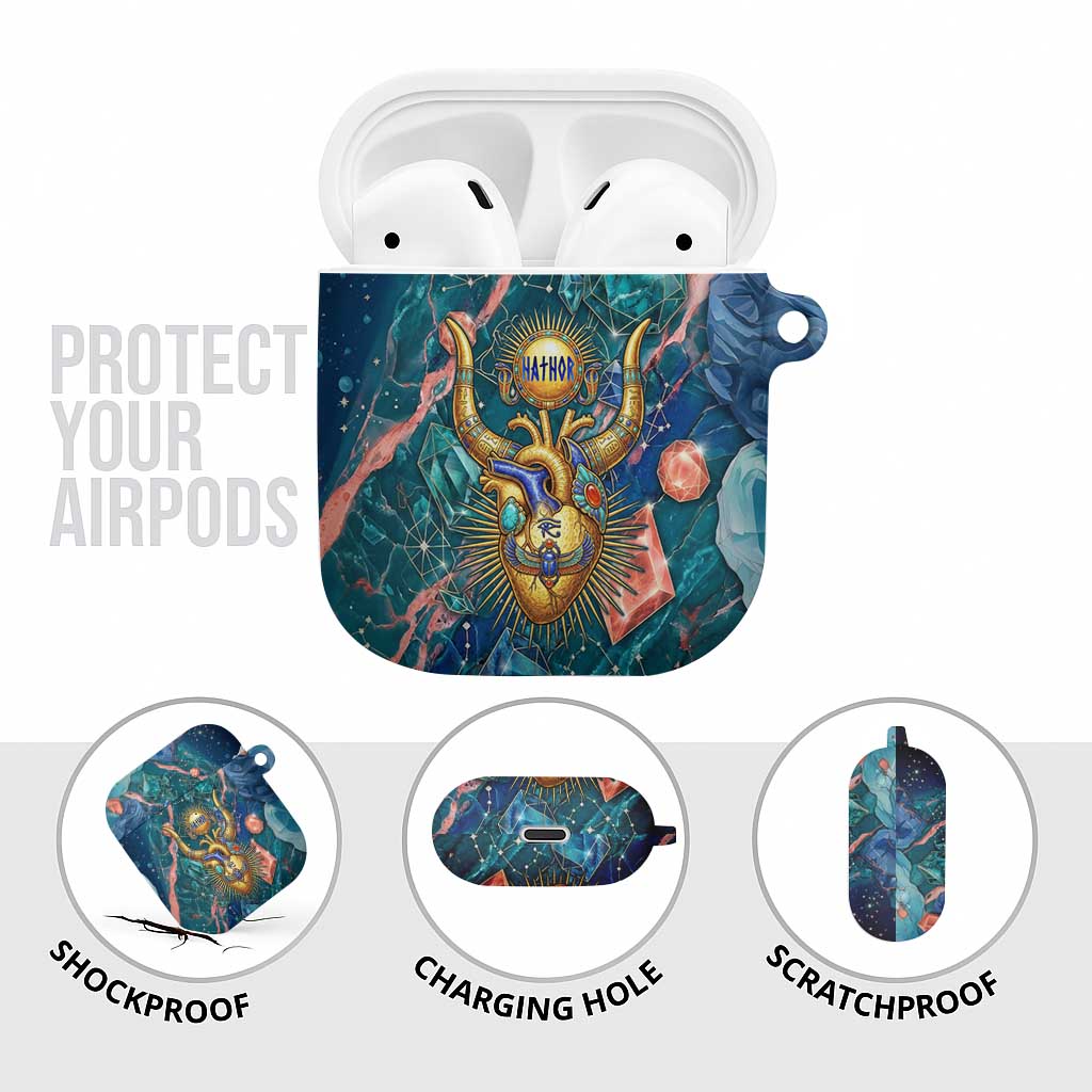 Hathor Golden Sacred Heart Egyptian AirPods Case with Gemstone Pattern in Turquoise Theme