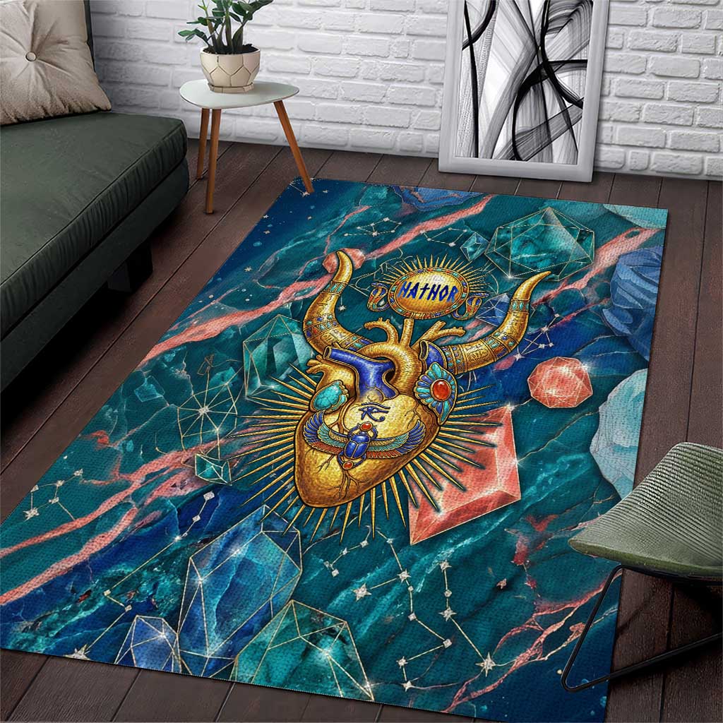 Hathor Golden Sacred Heart Egyptian Area Rug with Gemstone Pattern in Turquoise Theme