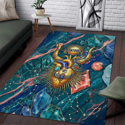 Hathor Golden Sacred Heart Egyptian Area Rug with Gemstone Pattern in Turquoise Theme
