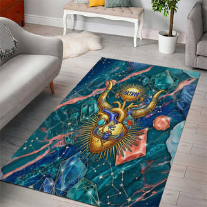 Hathor Golden Sacred Heart Egyptian Area Rug with Gemstone Pattern in Turquoise Theme