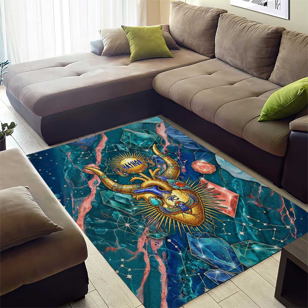 Hathor Golden Sacred Heart Egyptian Area Rug with Gemstone Pattern in Turquoise Theme