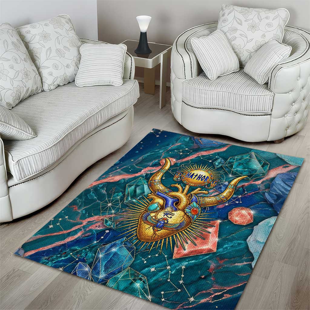 Hathor Golden Sacred Heart Egyptian Area Rug with Gemstone Pattern in Turquoise Theme