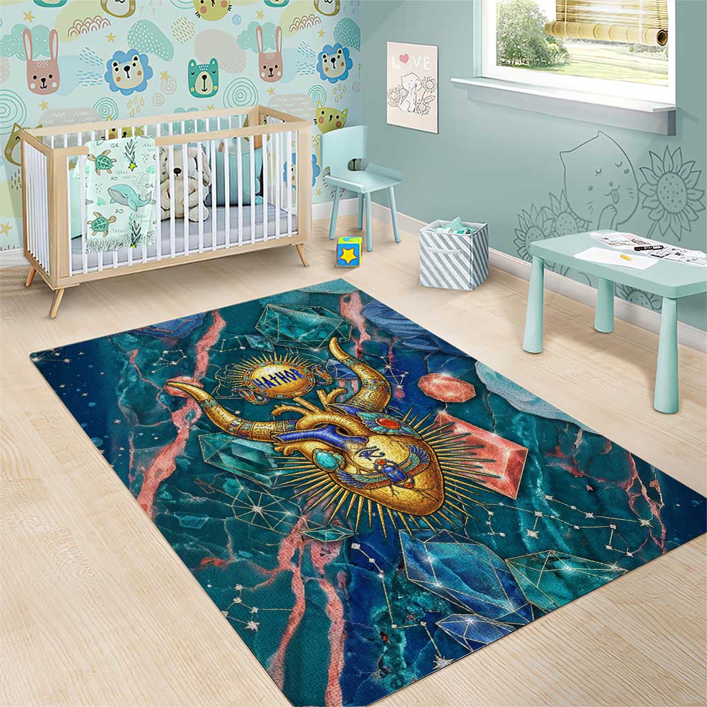 Hathor Golden Sacred Heart Egyptian Area Rug with Gemstone Pattern in Turquoise Theme