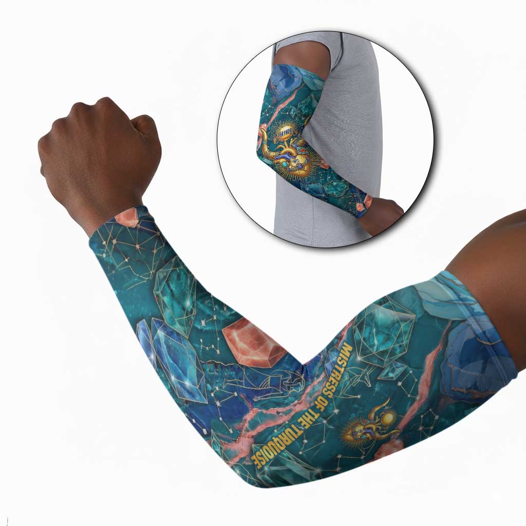 Hathor Golden Sacred Heart Egyptian Arm Sleeves with Gemstone Pattern in Turquoise Theme