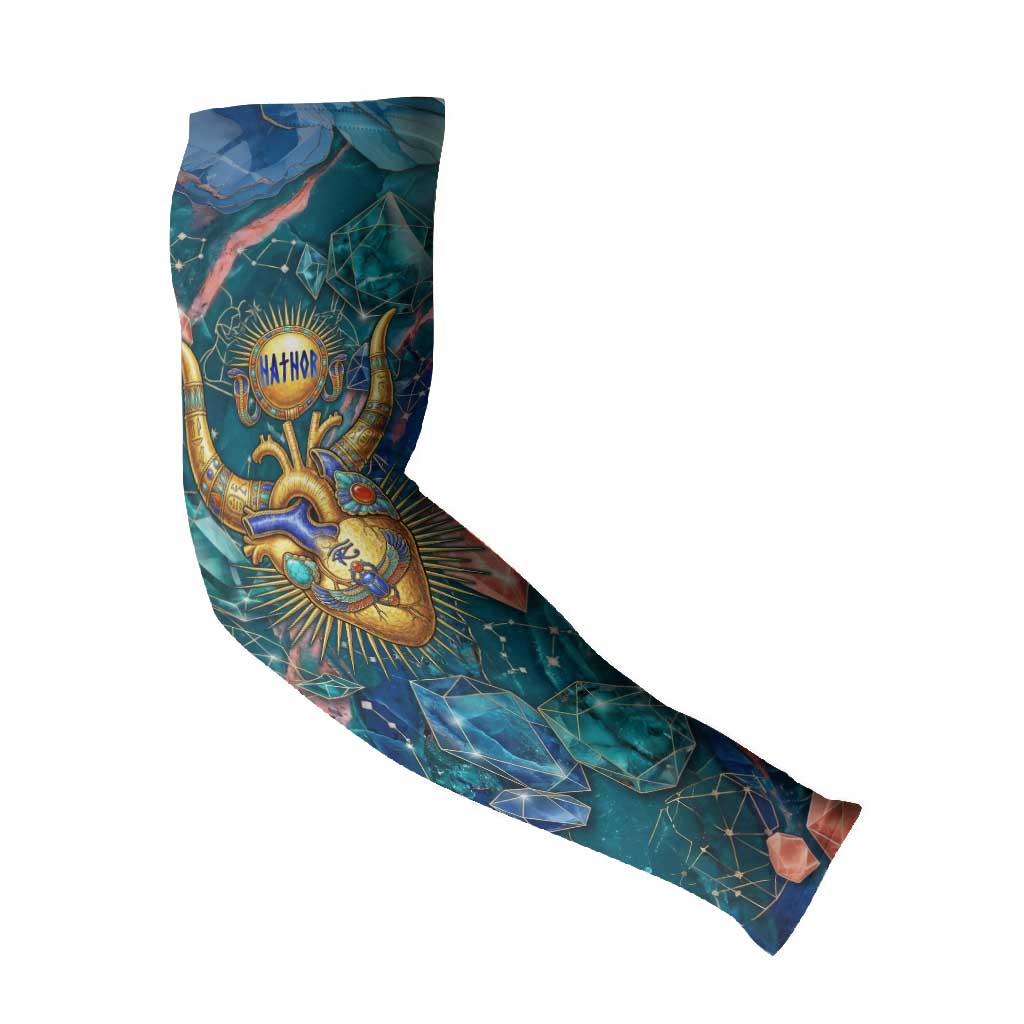 Hathor Golden Sacred Heart Egyptian Arm Sleeves with Gemstone Pattern in Turquoise Theme