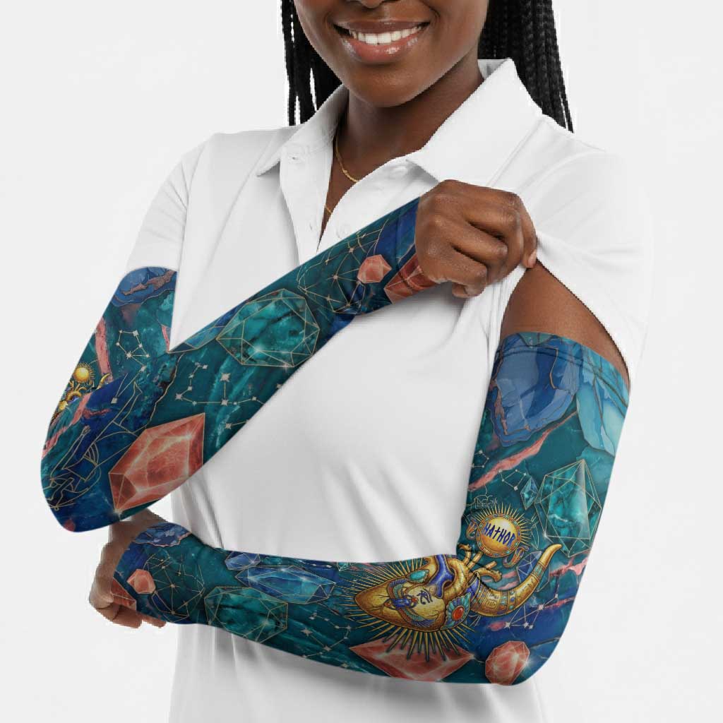 Hathor Golden Sacred Heart Egyptian Arm Sleeves with Gemstone Pattern in Turquoise Theme