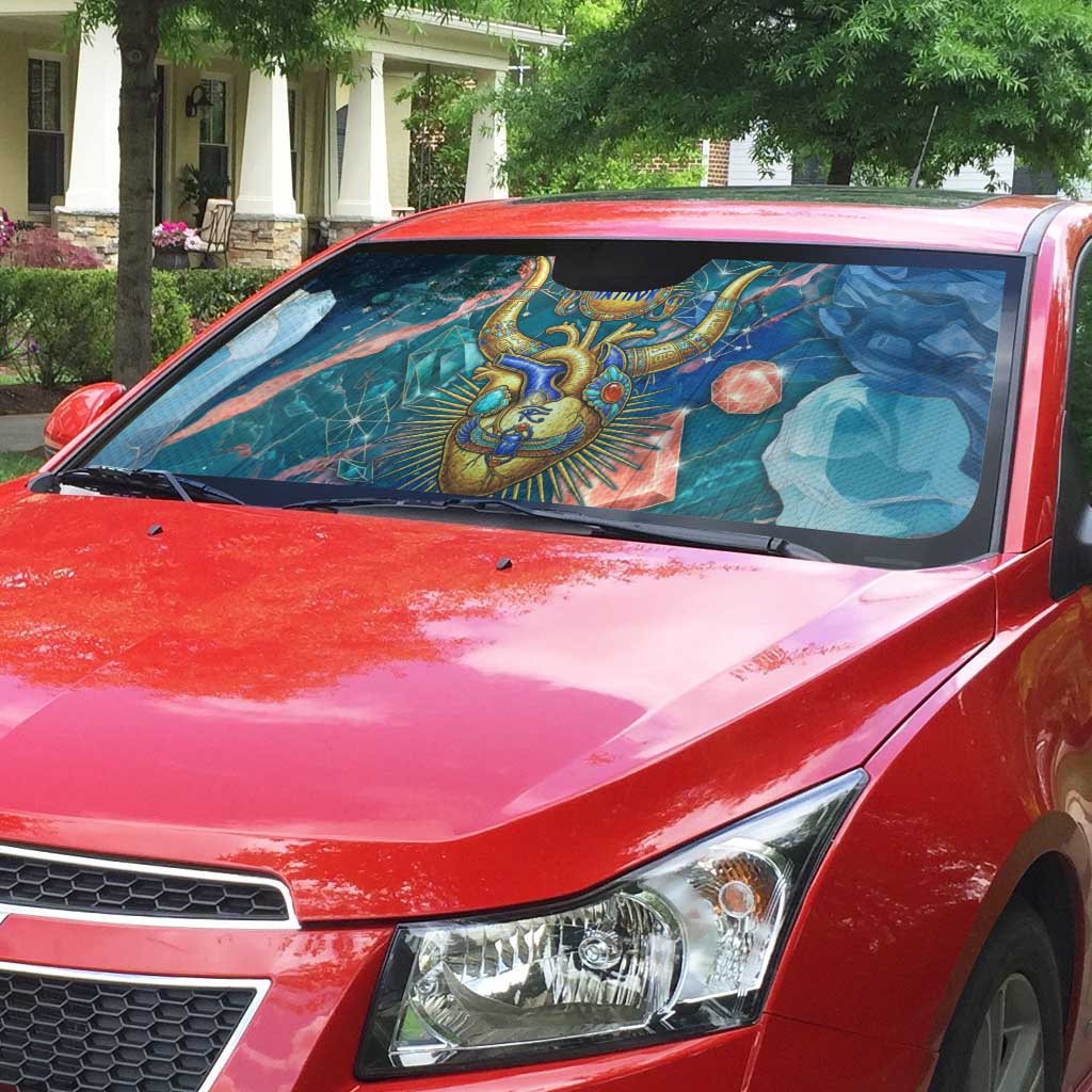 Hathor Golden Sacred Heart Egyptian Auto Sun Shade with Gemstone Pattern in Turquoise Theme
