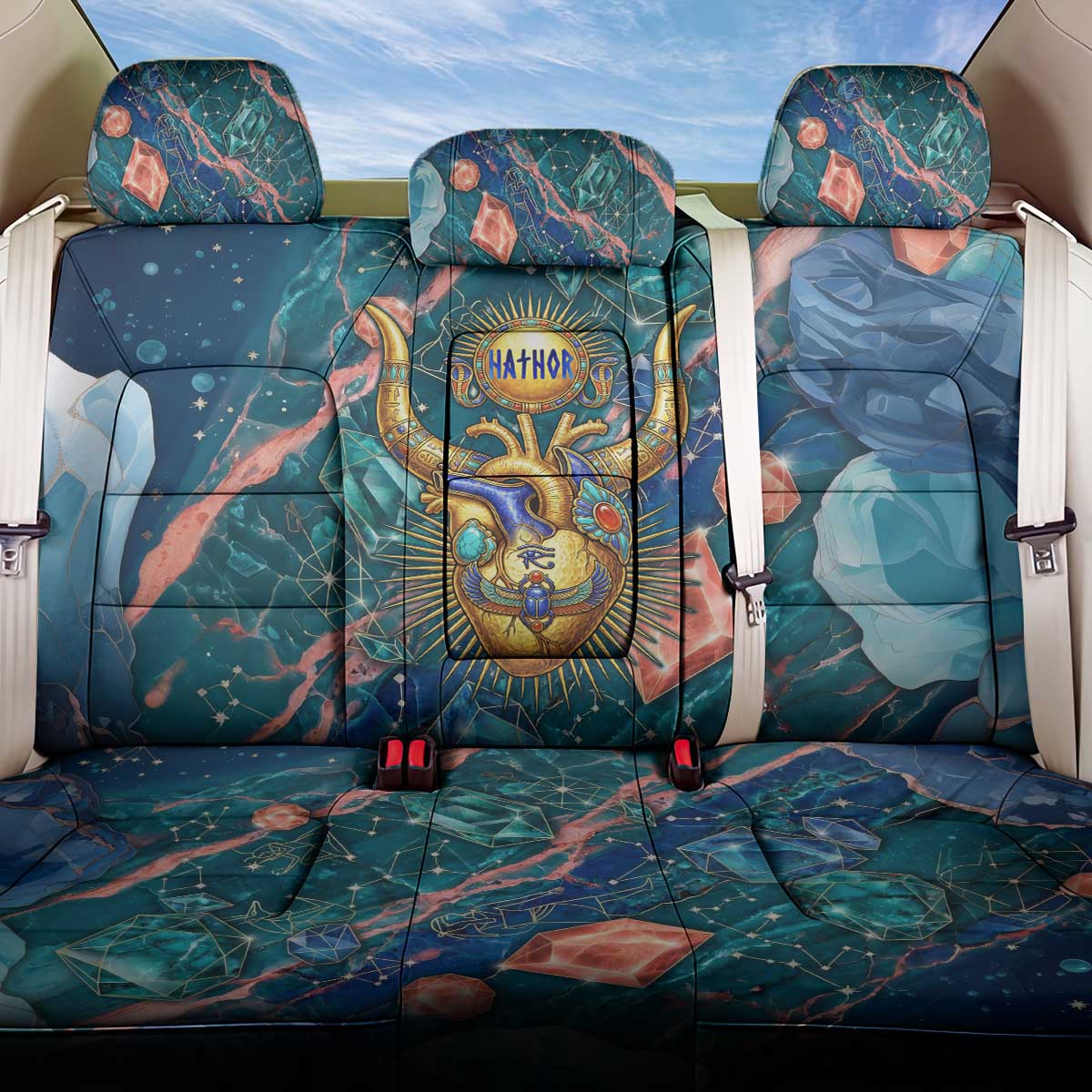 Hathor Golden Sacred Heart Egyptian Back Car Seat Cover with Gemstone Pattern in Turquoise Theme
