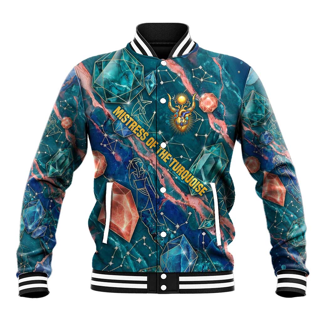 Hathor Golden Sacred Heart Egyptian Baseball Jacket with Gemstone Pattern in Turquoise Theme