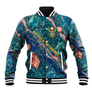 Hathor Golden Sacred Heart Egyptian Baseball Jacket with Gemstone Pattern in Turquoise Theme