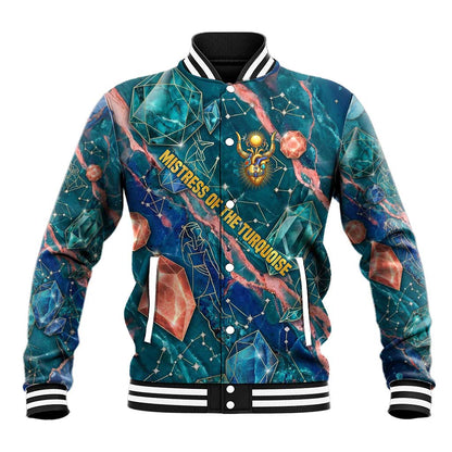Hathor Golden Sacred Heart Egyptian Baseball Jacket with Gemstone Pattern in Turquoise Theme