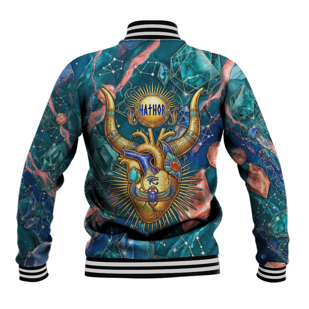 Hathor Golden Sacred Heart Egyptian Baseball Jacket with Gemstone Pattern in Turquoise Theme