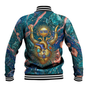 Hathor Golden Sacred Heart Egyptian Baseball Jacket with Gemstone Pattern in Turquoise Theme
