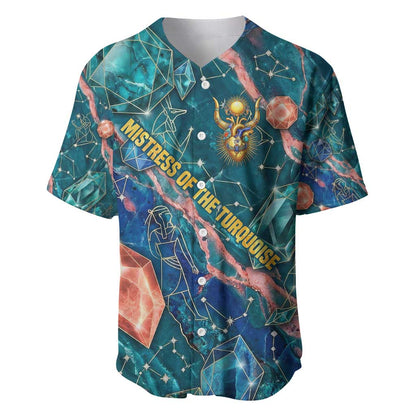 Hathor Golden Sacred Heart Egyptian Baseball Jersey with Gemstone Pattern in Turquoise Theme