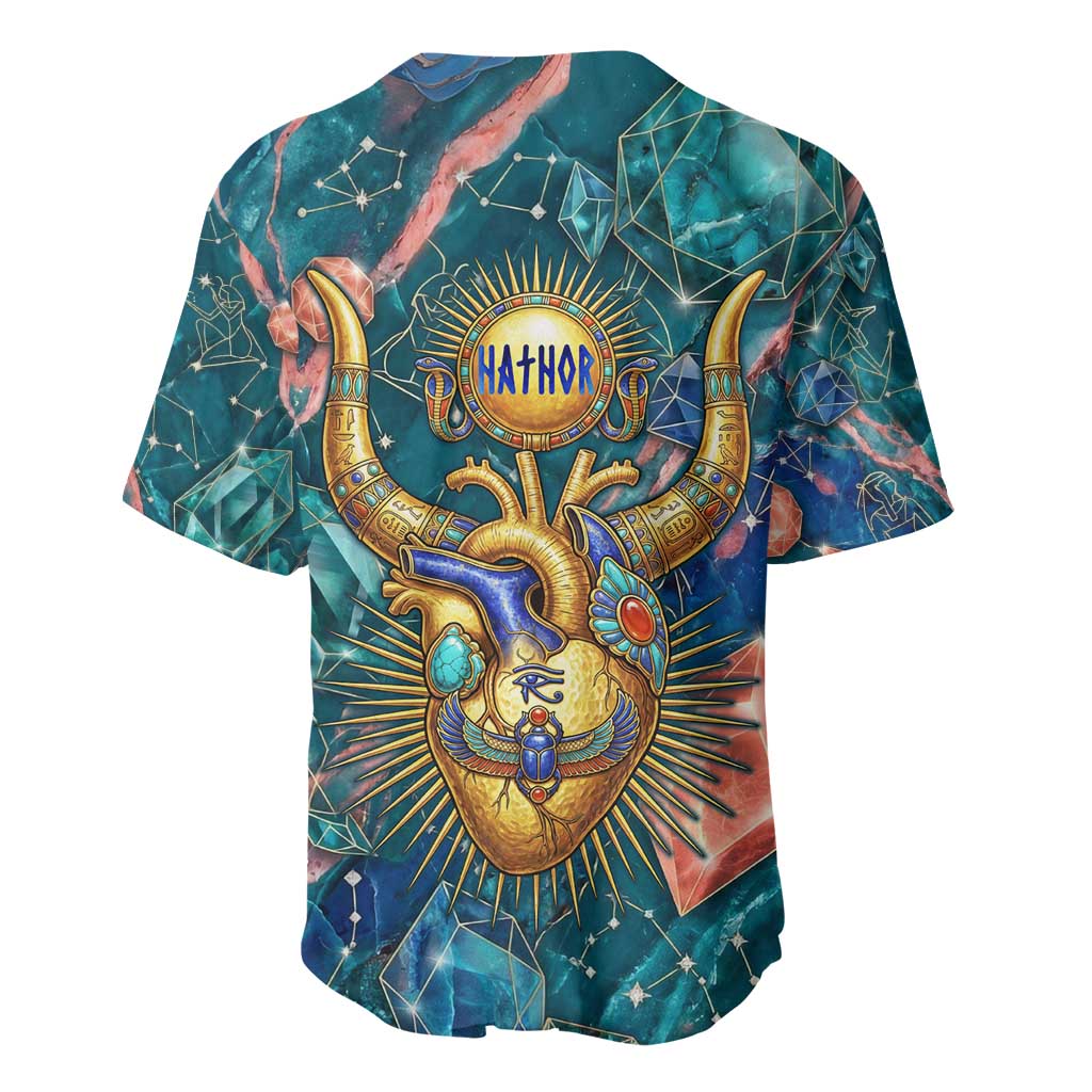 Hathor Golden Sacred Heart Egyptian Baseball Jersey with Gemstone Pattern in Turquoise Theme