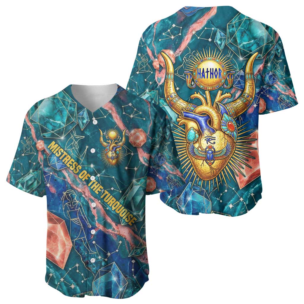 Hathor Golden Sacred Heart Egyptian Baseball Jersey with Gemstone Pattern in Turquoise Theme