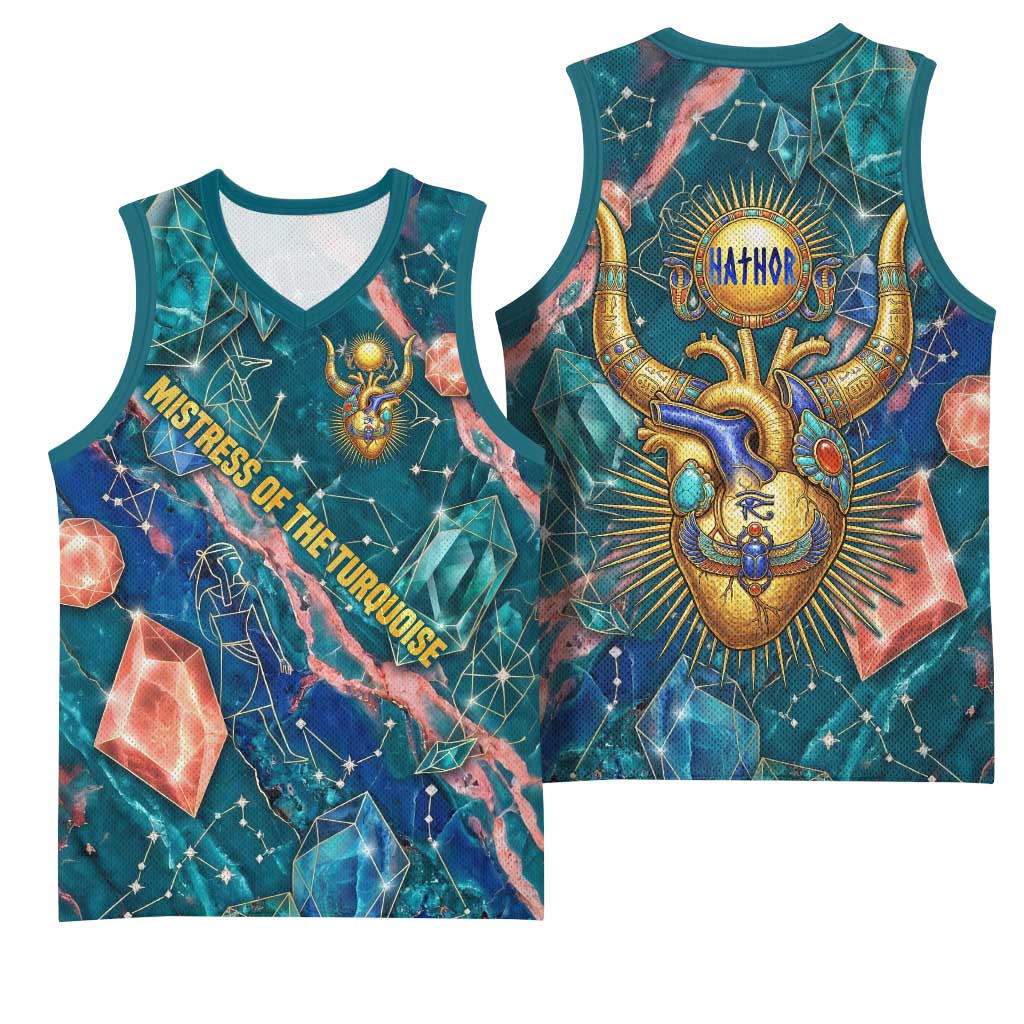 Hathor Golden Sacred Heart Egyptian Basketball Jersey with Gemstone Pattern in Turquoise Theme