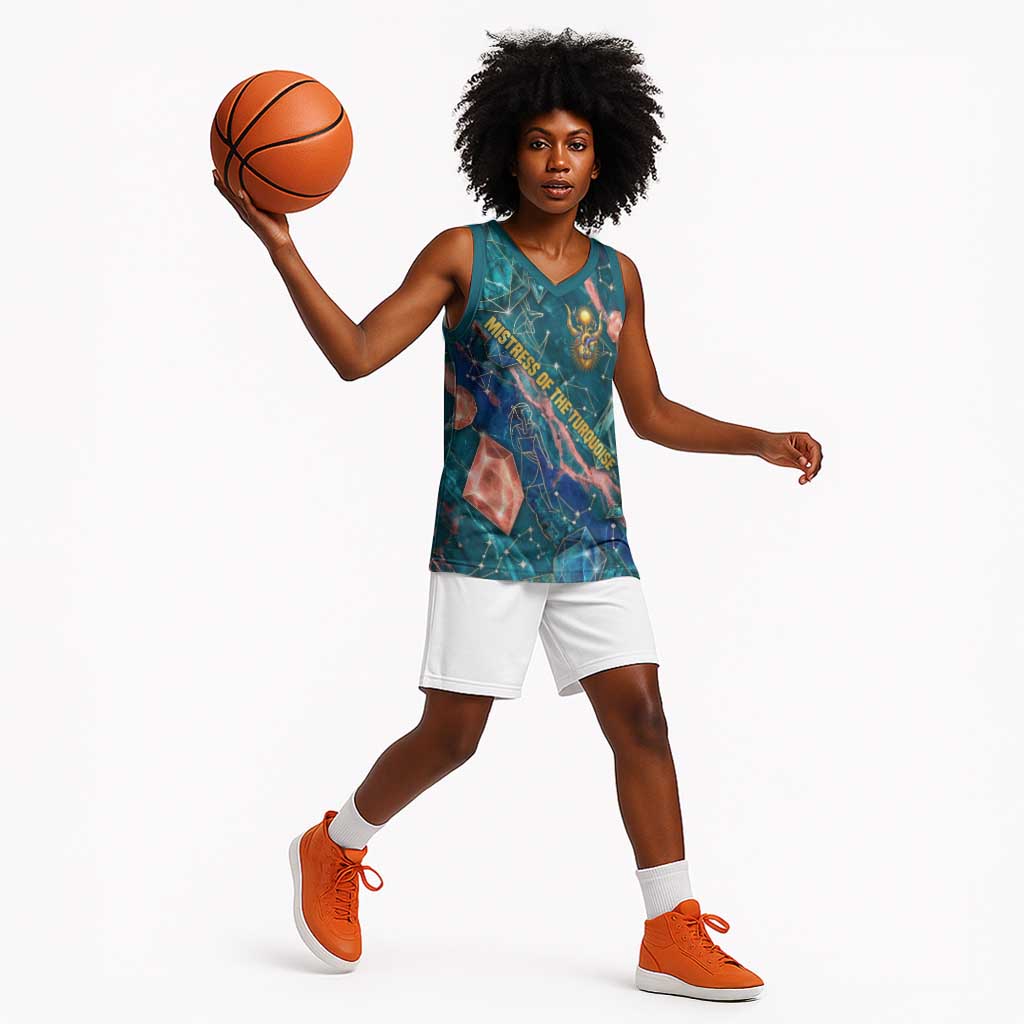 Hathor Golden Sacred Heart Egyptian Basketball Jersey with Gemstone Pattern in Turquoise Theme